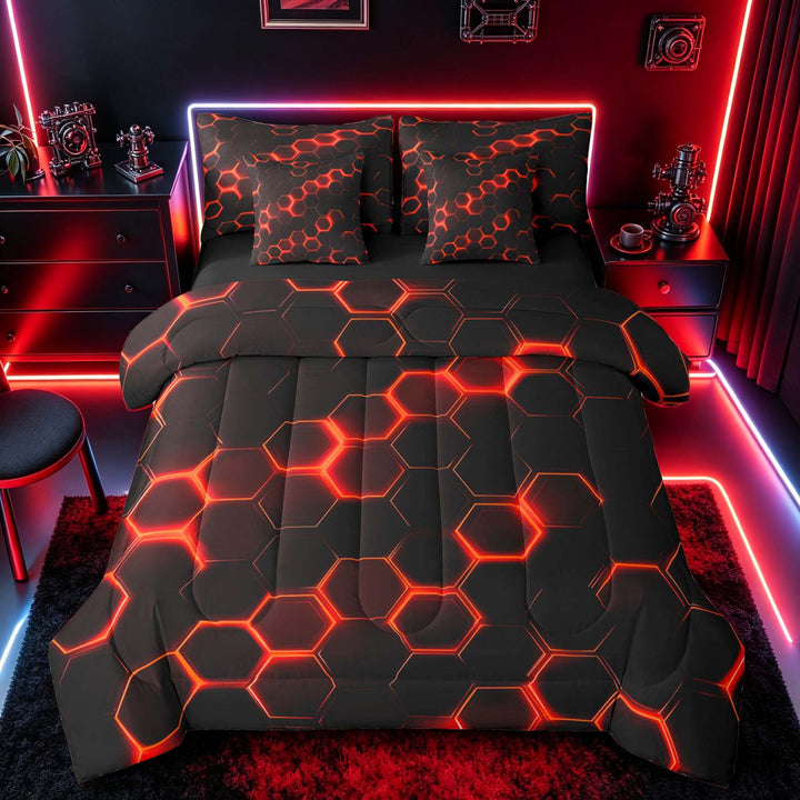 meiyoeat Neon Honeycomb Pattern Bedding Comforter Set for Boys Girls, Geometric Hexagon Full Bedding Set, Red, Black Reversible 7-Piece
