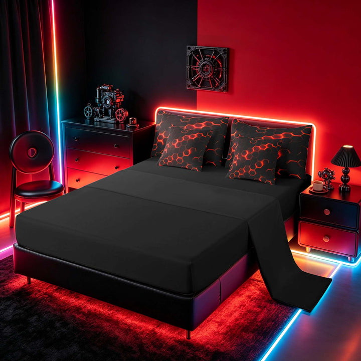 meiyoeat Neon Honeycomb Pattern Bedding Comforter Set for Boys Girls, Geometric Hexagon Full Bedding Set, Red, Black Reversible 7-Piece