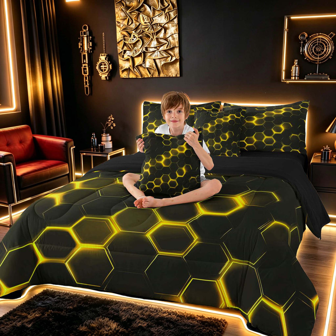 meiyoeat Neon Honeycomb Pattern Bedding Comforter Set for Boys Girls, Geometric Hexagon Full Bedding Set, Yellow, Black Reversible 7 Pieces
