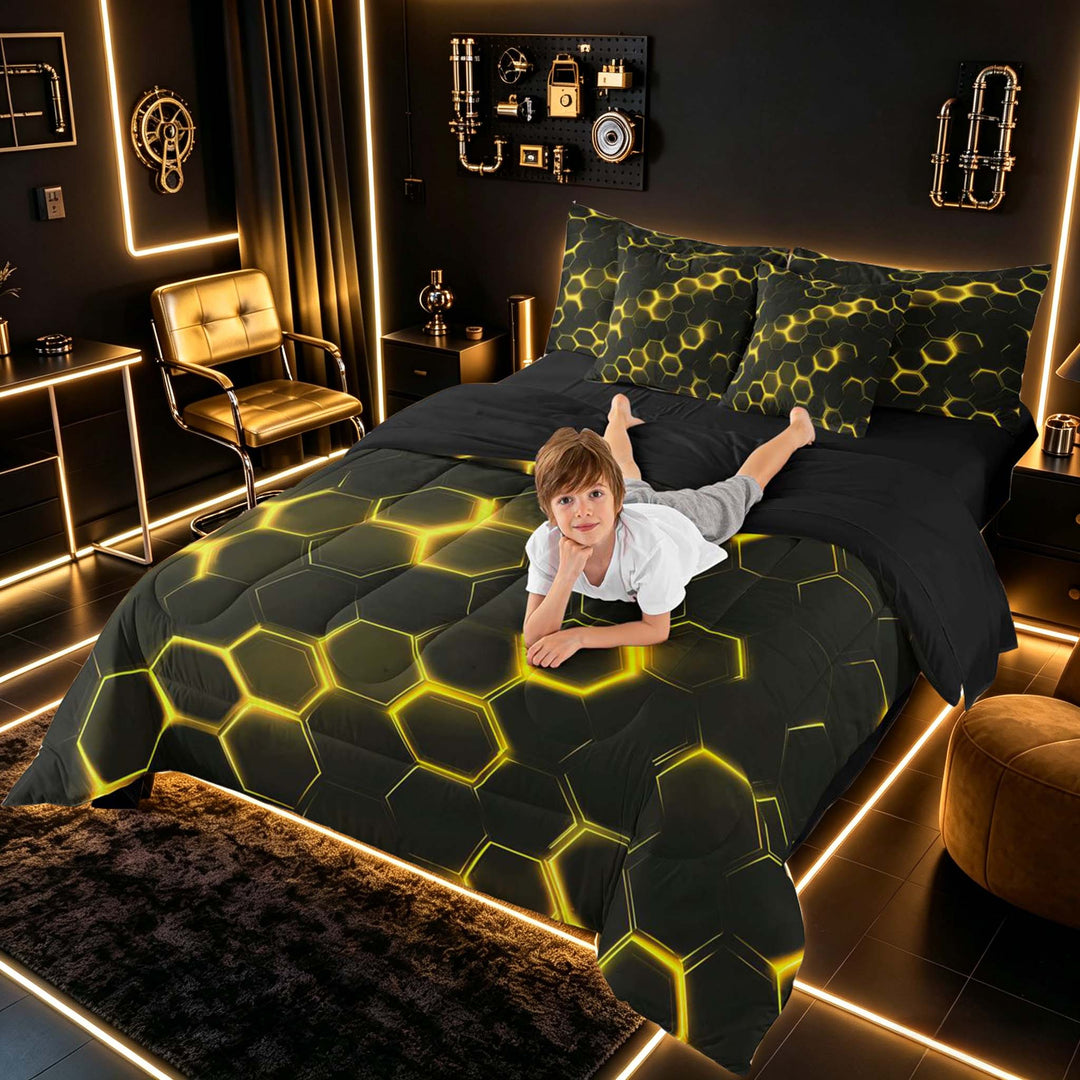 meiyoeat Neon Honeycomb Pattern Bedding Comforter Set for Boys Girls, Geometric Hexagon Full Bedding Set, Yellow, Black Reversible 7 Pieces