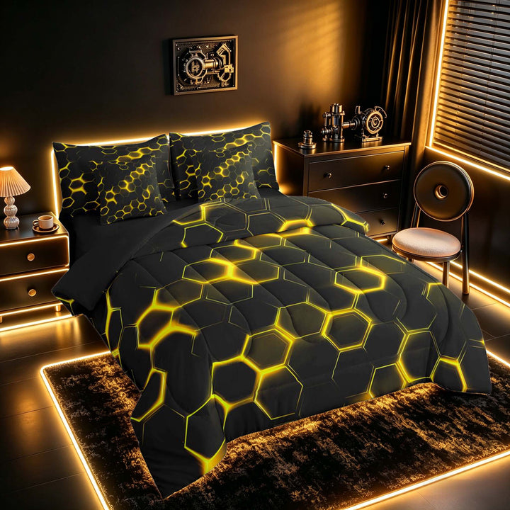 meiyoeat Neon Honeycomb Pattern Bedding Comforter Set for Boys Girls, Geometric Hexagon Full Bedding Set, Yellow, Black Reversible 7 Pieces