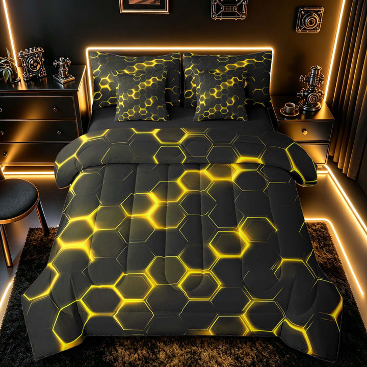 meiyoeat Neon Honeycomb Pattern Bedding Comforter Set for Boys Girls, Geometric Hexagon Full Bedding Set, Yellow, Black Reversible 7 Pieces