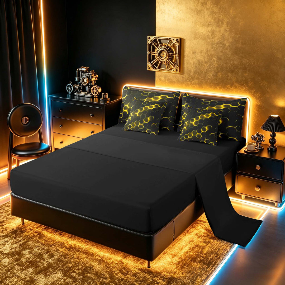 meiyoeat Neon Honeycomb Pattern Bedding Comforter Set for Boys Girls, Geometric Hexagon Full Bedding Set, Yellow, Black Reversible 7 Pieces