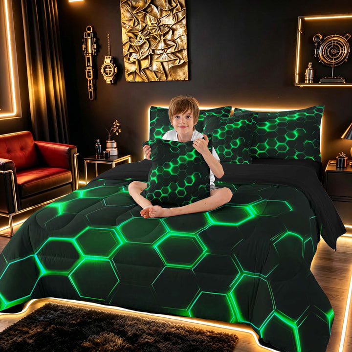 meiyoeat Neon Honeycomb Pattern Bedding Comforter Set for Boys Girls, Geometric Hexagon Full Bedding Set, Green, Black Reversible 7-Piece