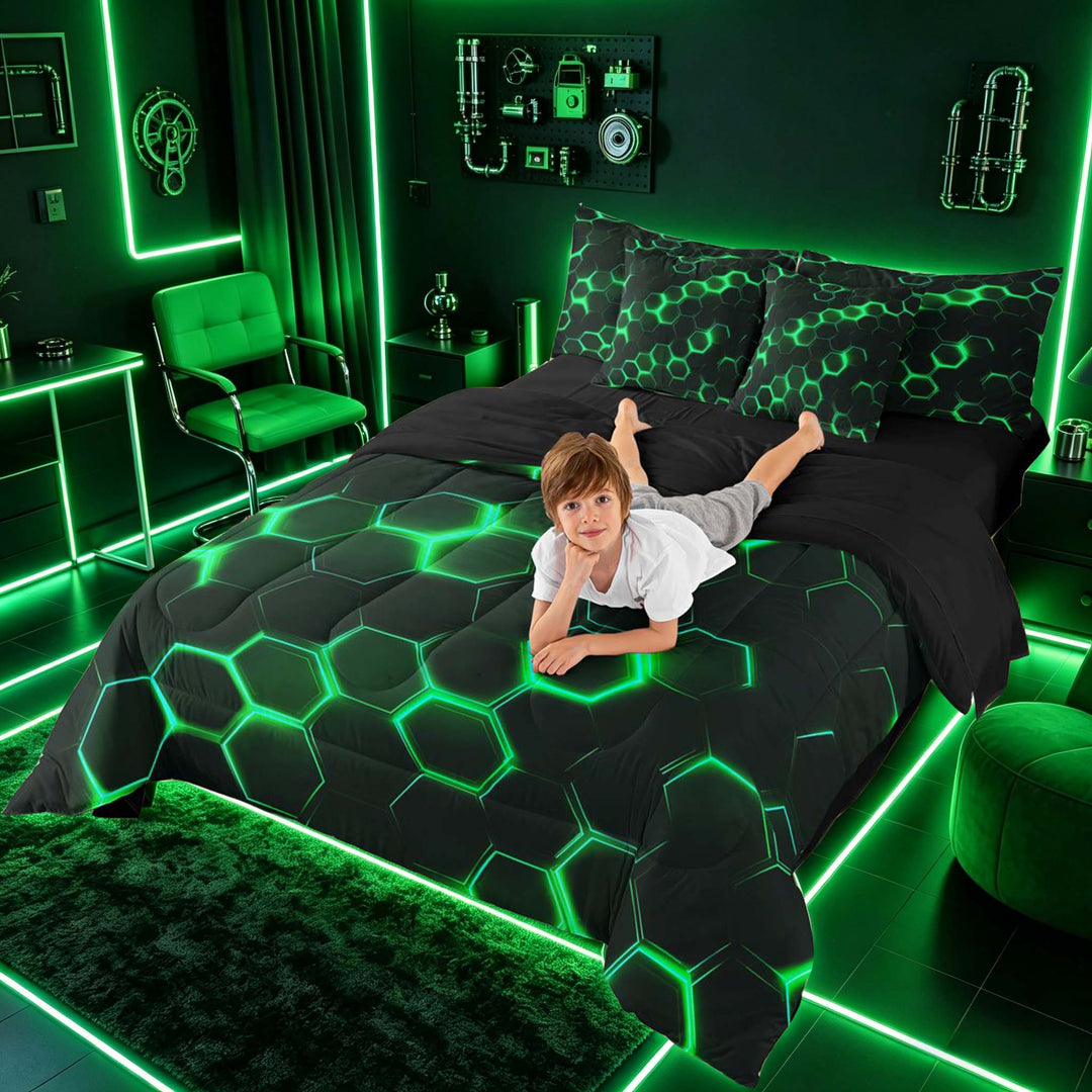 meiyoeat Neon Honeycomb Pattern Bedding Comforter Set for Boys Girls, Geometric Hexagon Full Bedding Set, Green, Black Reversible 7-Piece