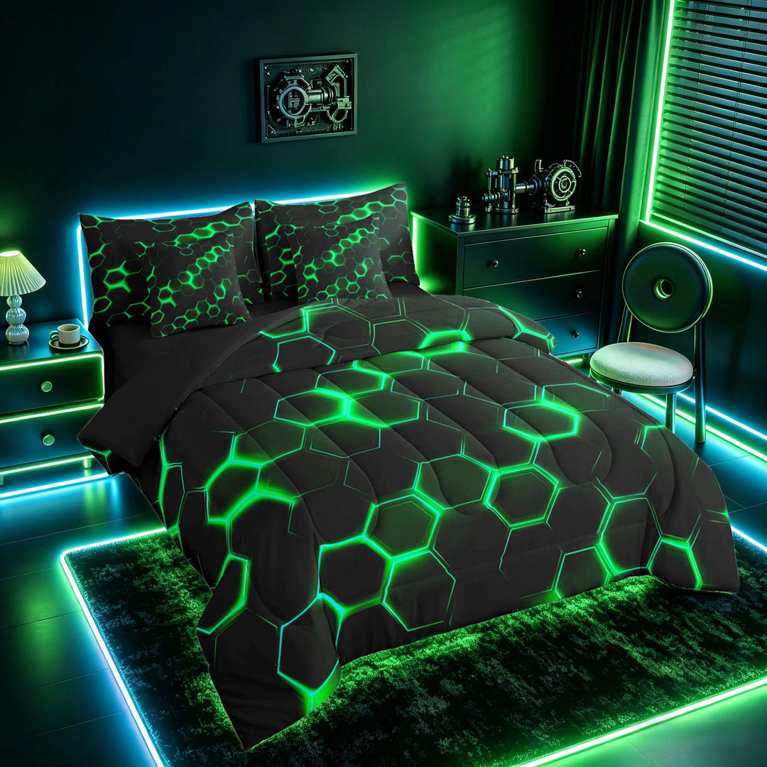 meiyoeat Neon Honeycomb Pattern Bedding Comforter Set for Boys Girls, Geometric Hexagon Full Bedding Set, Green, Black Reversible 7-Piece