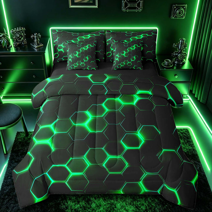 meiyoeat Neon Honeycomb Pattern Bedding Comforter Set for Boys Girls, Geometric Hexagon Full Bedding Set, Green, Black Reversible 7-Piece