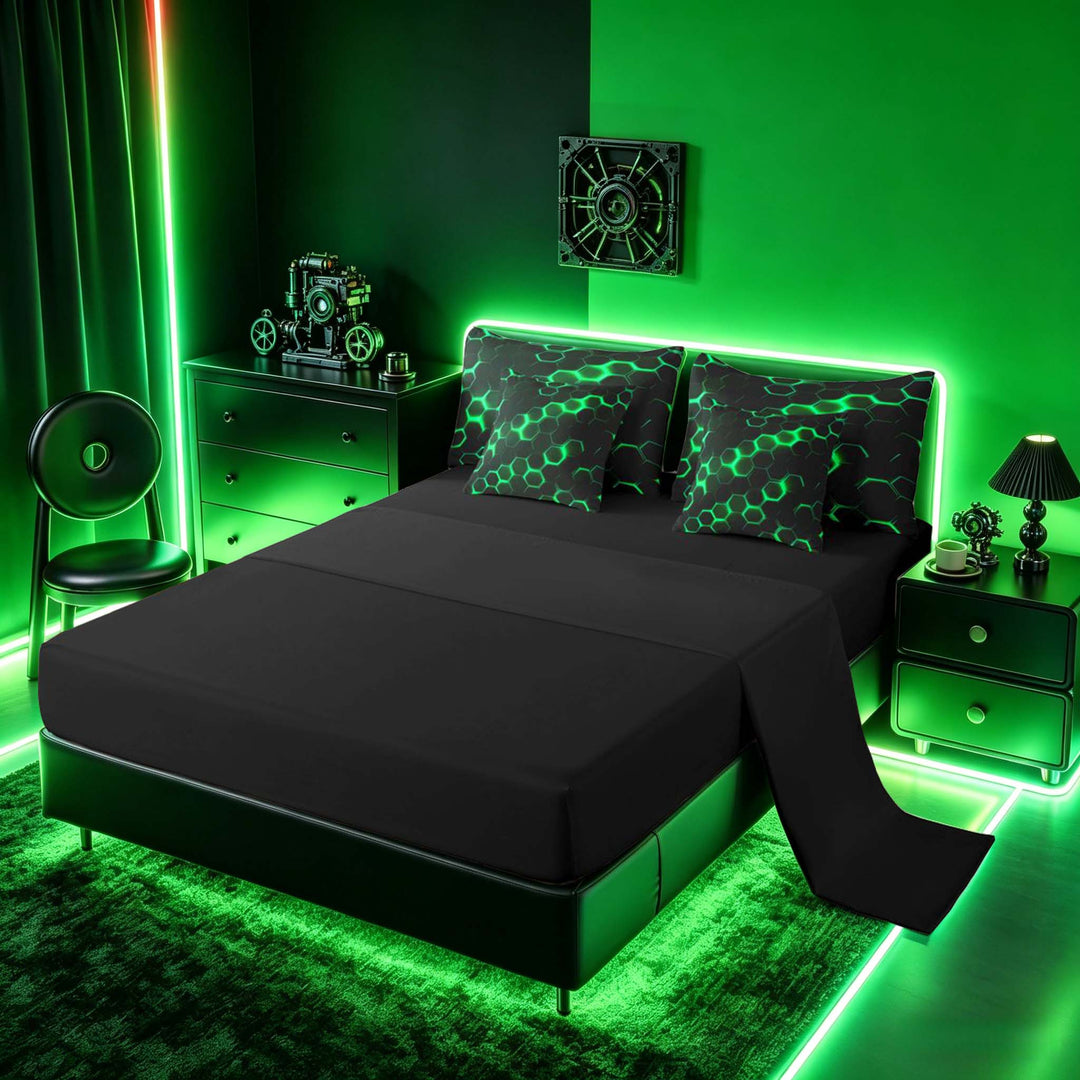 meiyoeat Neon Honeycomb Pattern Bedding Comforter Set for Boys Girls, Geometric Hexagon Full Bedding Set, Green, Black Reversible 7-Piece