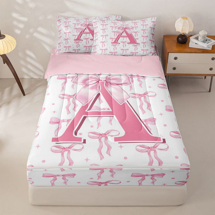 meiyoeat Pink Bow Zipper Full Size Comforter Sets with Fitted Sheet and 2 Pillowcases For Girls,Coquette Bowtie Monogrammed A Print Zipper Bedding Set For Kids,pink Reversible,4-Piece