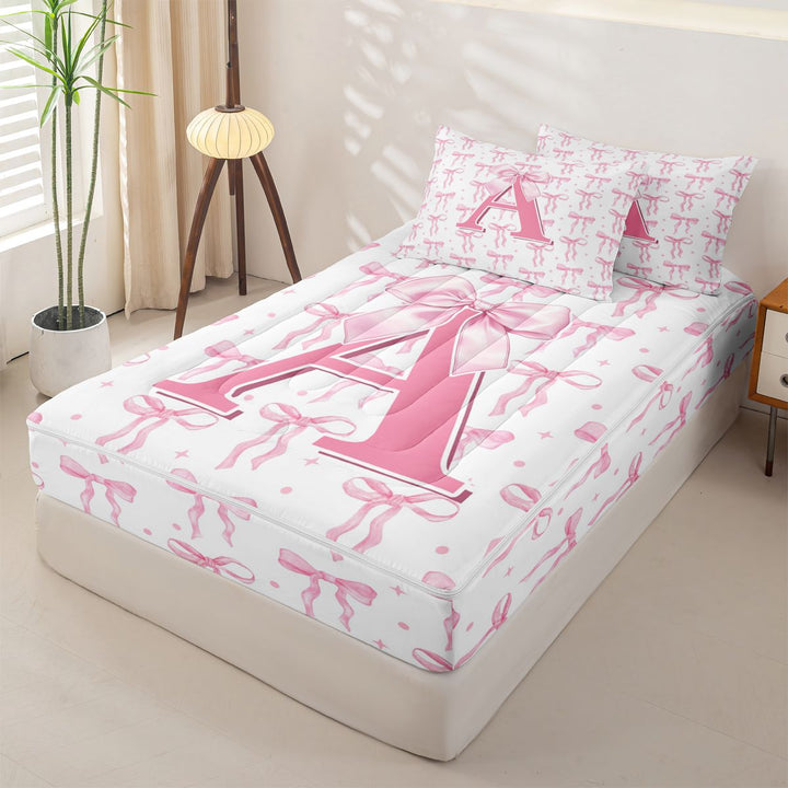meiyoeat Pink Bow Zipper Full Size Comforter Sets with Fitted Sheet and 2 Pillowcases For Girls,Coquette Bowtie Monogrammed A Print Zipper Bedding Set For Kids,pink Reversible,4-Piece