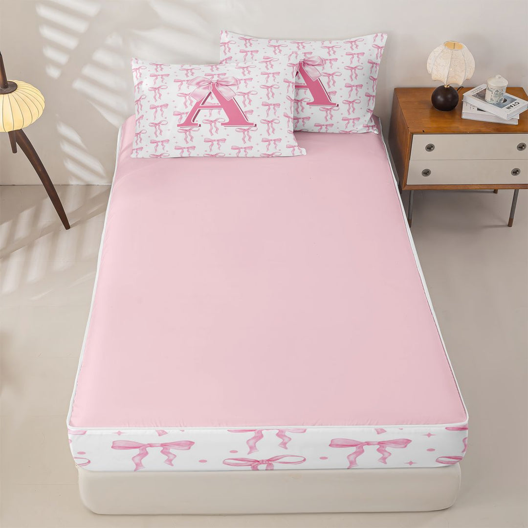 meiyoeat Pink Bow Zipper Full Size Comforter Sets with Fitted Sheet and 2 Pillowcases For Girls,Coquette Bowtie Monogrammed A Print Zipper Bedding Set For Kids,pink Reversible,4-Piece