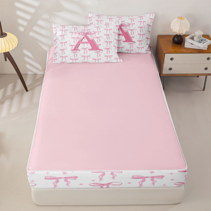meiyoeat Pink Bow Zipper Full Size Comforter Sets with Fitted Sheet and 2 Pillowcases For Girls,Coquette Bowtie Monogrammed A Print Zipper Bedding Set For Kids,pink Reversible,4-Piece