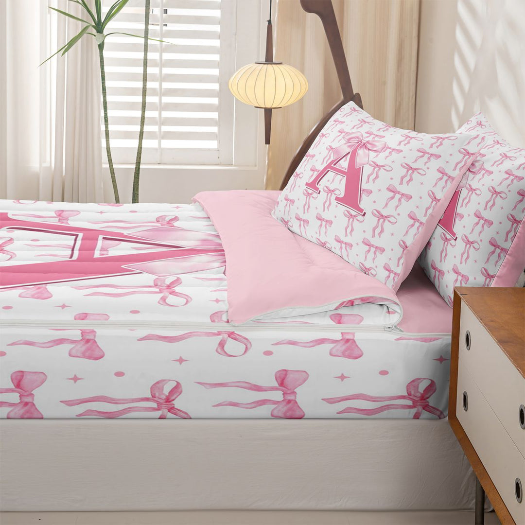 meiyoeat Pink Bow Zipper Full Size Comforter Sets with Fitted Sheet and 2 Pillowcases For Girls,Coquette Bowtie Monogrammed A Print Zipper Bedding Set For Kids,pink Reversible,4-Piece