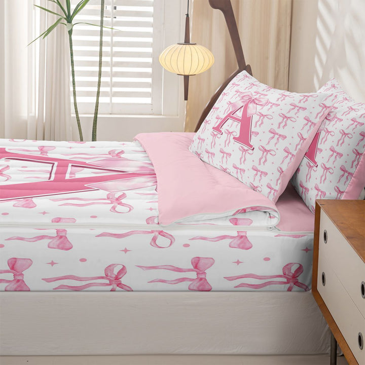 meiyoeat Pink Bow Zipper Full Size Comforter Sets with Fitted Sheet and 2 Pillowcases For Girls,Coquette Bowtie Monogrammed A Print Zipper Bedding Set For Kids,pink Reversible,4-Piece