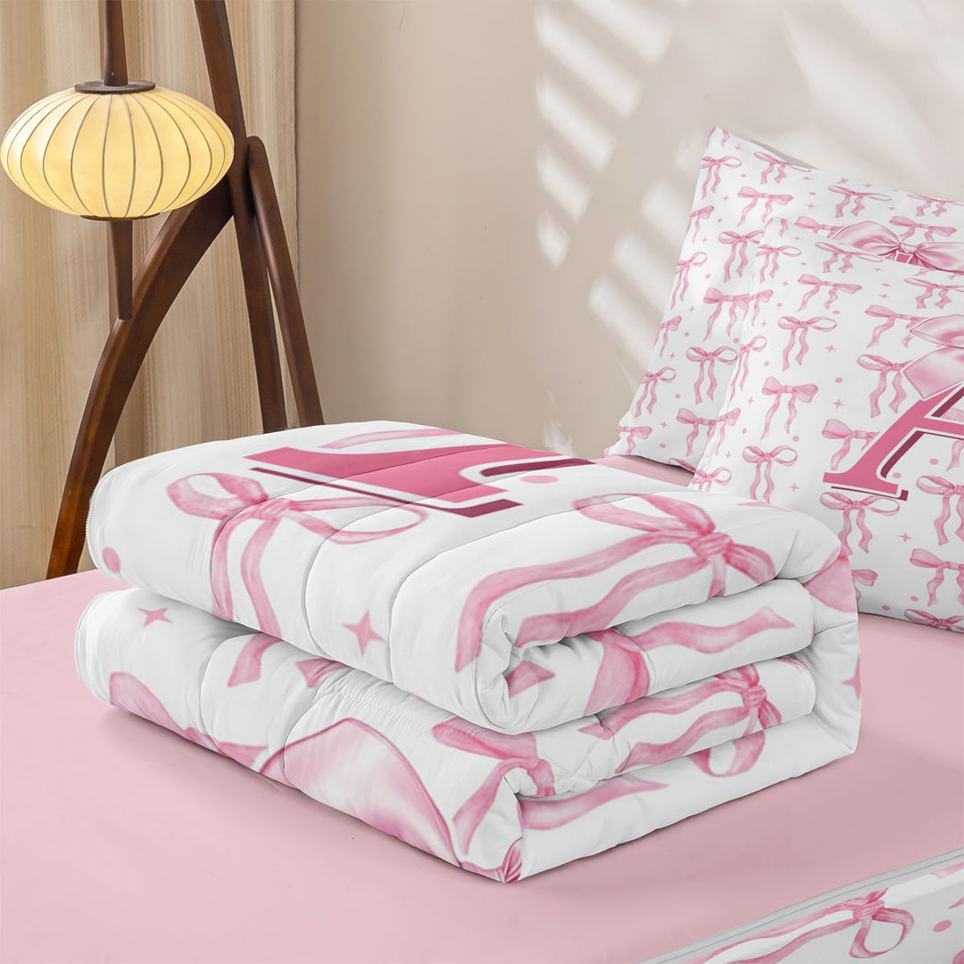 meiyoeat Pink Bow Zipper Full Size Comforter Sets with Fitted Sheet and 2 Pillowcases For Girls,Coquette Bowtie Monogrammed A Print Zipper Bedding Set For Kids,pink Reversible,4-Piece
