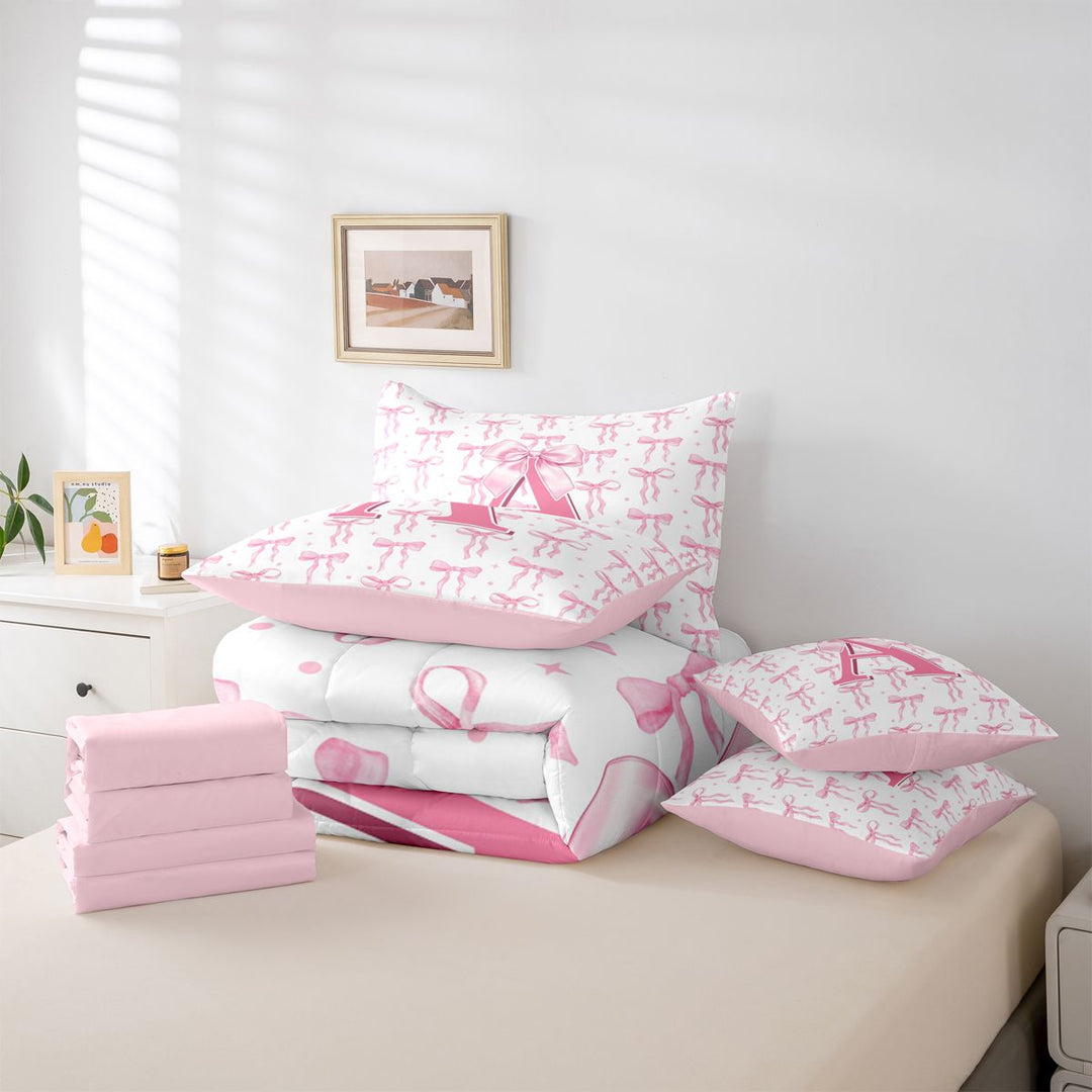 meiyoeat Pink Bow 7 Pieces Bedding Comforter Set For Girls,Coquette Bowtie Monogrammed A Print Full Bedding Set For Kids,pink Reversible