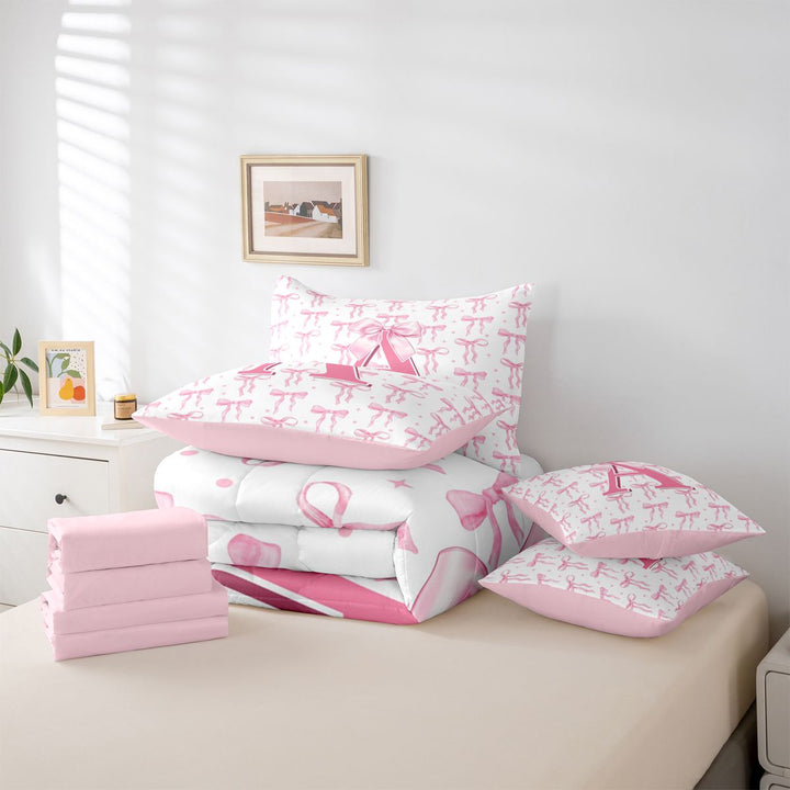 meiyoeat Pink Bow 7 Pieces Bedding Comforter Set For Girls,Coquette Bowtie Monogrammed A Print Full Bedding Set For Kids,pink Reversible