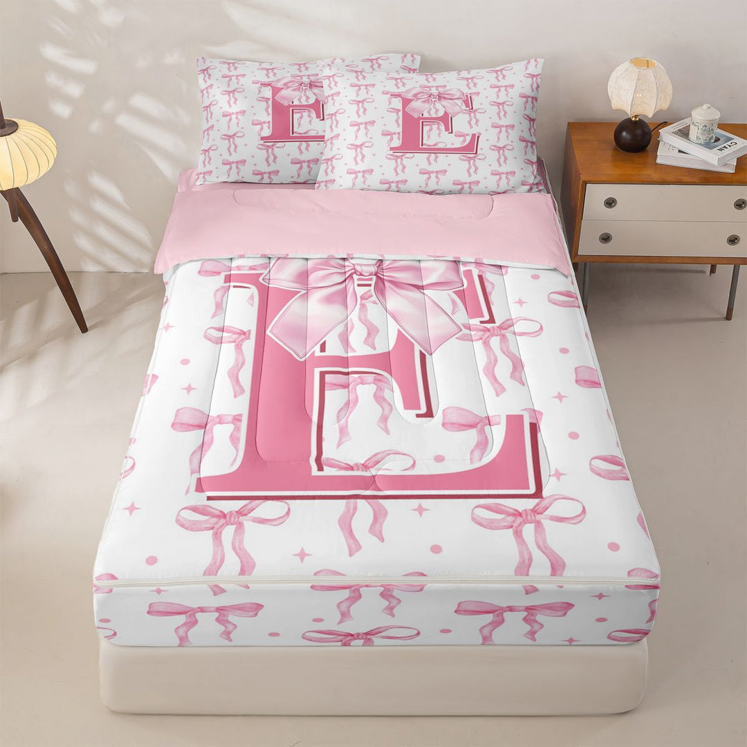 meiyoeat Pink Personalized Monogram Print Zipper Full Size Comforter Sets with Fitted Sheet and 2 Pillowcases For Girls,Cartoon Bow Initial E Zipper Bedding Set For Kids,pink Reversible,4-Piece