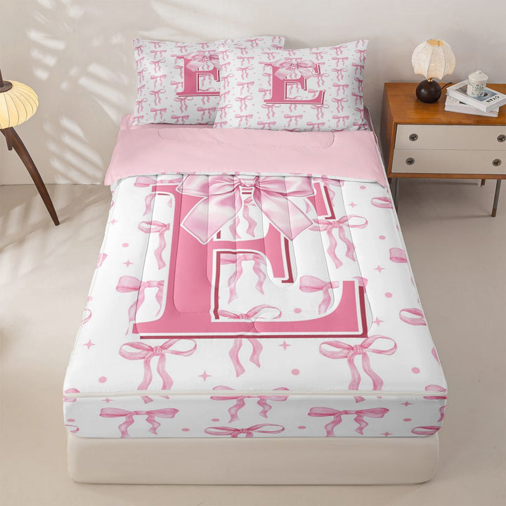 meiyoeat Pink Personalized Monogram Print Zipper Full Size Comforter Sets with Fitted Sheet and 2 Pillowcases For Girls,Cartoon Bow Initial E Zipper Bedding Set For Kids,pink Reversible,4-Piece