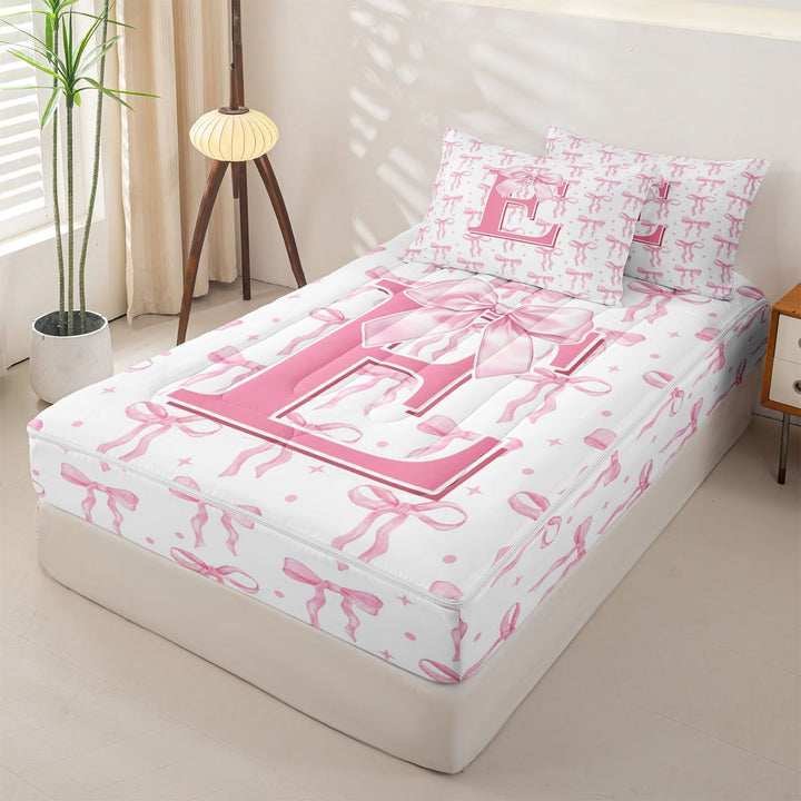 meiyoeat Pink Personalized Monogram Print Zipper Full Size Comforter Sets with Fitted Sheet and 2 Pillowcases For Girls,Cartoon Bow Initial E Zipper Bedding Set For Kids,pink Reversible,4-Piece