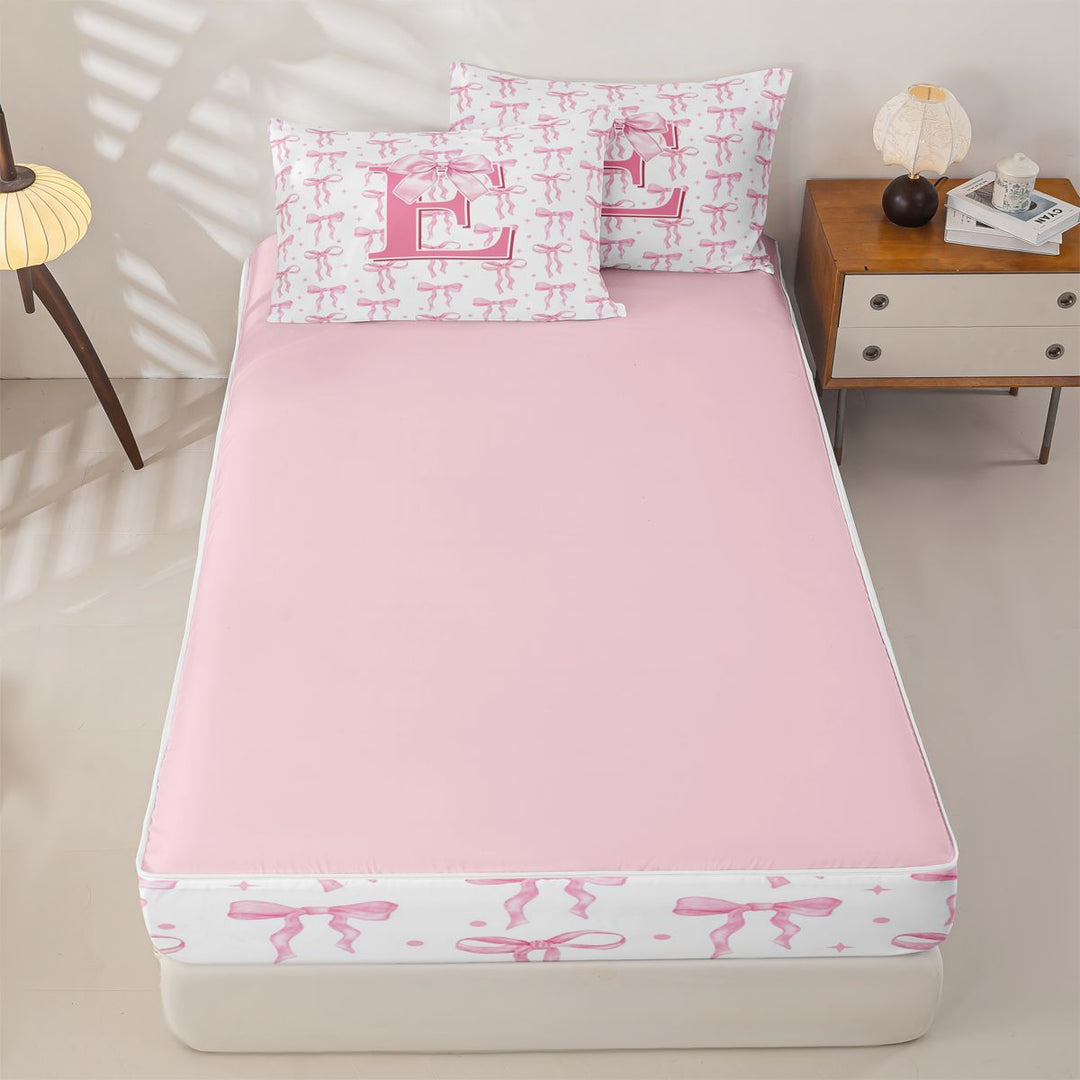 meiyoeat Pink Personalized Monogram Print Zipper Full Size Comforter Sets with Fitted Sheet and 2 Pillowcases For Girls,Cartoon Bow Initial E Zipper Bedding Set For Kids,pink Reversible,4-Piece