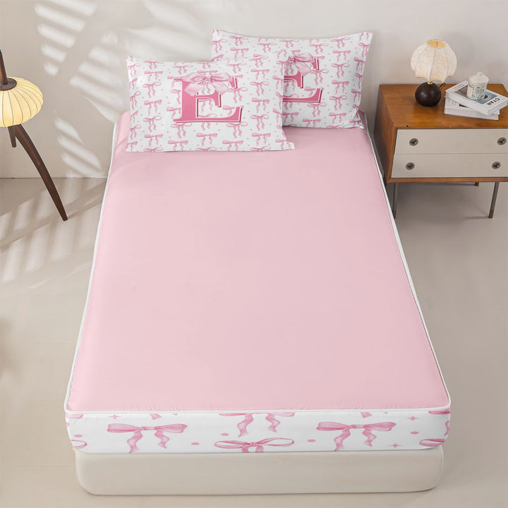 meiyoeat Pink Personalized Monogram Print Zipper Full Size Comforter Sets with Fitted Sheet and 2 Pillowcases For Girls,Cartoon Bow Initial E Zipper Bedding Set For Kids,pink Reversible,4-Piece