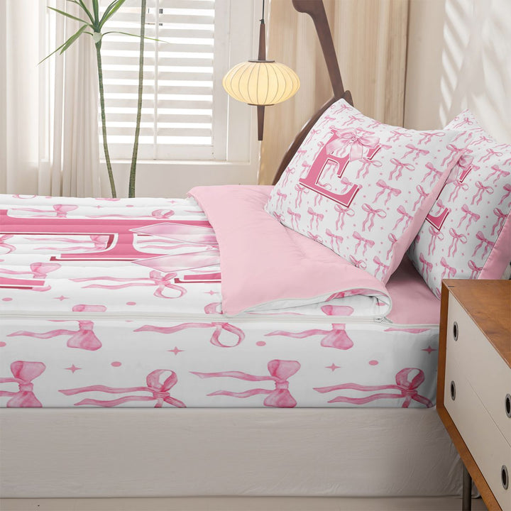 meiyoeat Pink Personalized Monogram Print Zipper Full Size Comforter Sets with Fitted Sheet and 2 Pillowcases For Girls,Cartoon Bow Initial E Zipper Bedding Set For Kids,pink Reversible,4-Piece