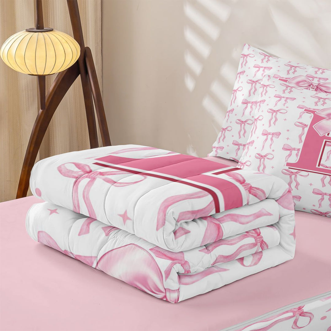 meiyoeat Pink Personalized Monogram Print Zipper Full Size Comforter Sets with Fitted Sheet and 2 Pillowcases For Girls,Cartoon Bow Initial E Zipper Bedding Set For Kids,pink Reversible,4-Piece