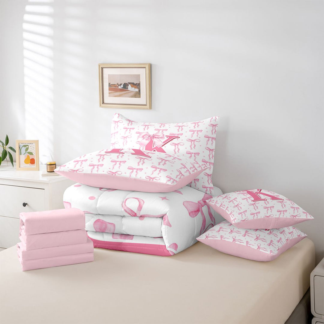 meiyoeat Girly Bow ABC Alphabet 7 Pieces Bedding Comforter Set For Kids,Pink Polka Dots Monogrammed Print K Full Bedding Set,pink Reversible