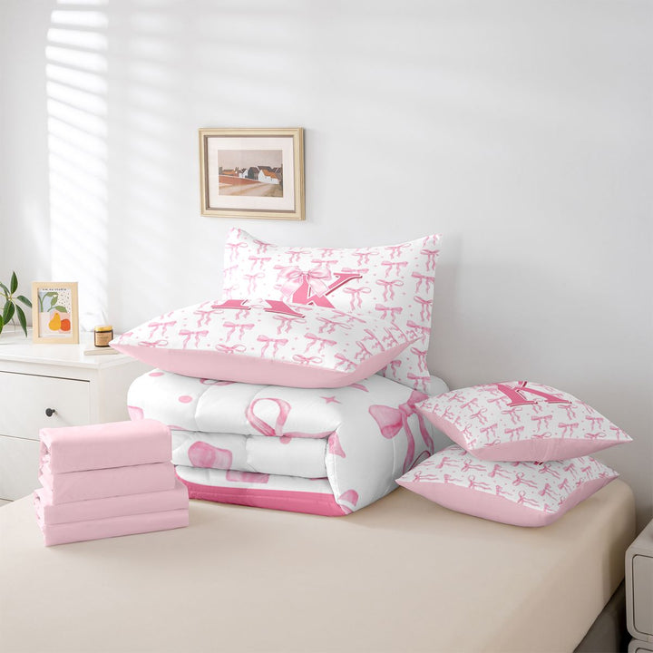 meiyoeat Girly Bow ABC Alphabet 7 Pieces Bedding Comforter Set For Kids,Pink Polka Dots Monogrammed Print K Full Bedding Set,pink Reversible