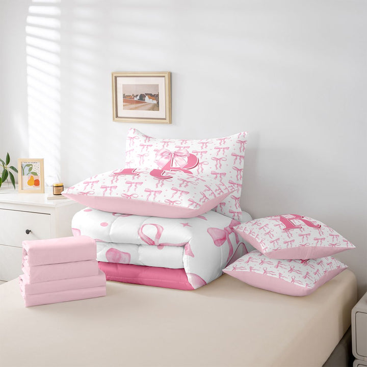 meiyoeat Bow Initial Print R 7 Pieces Bedding Comforter Set For Girls, Pink Princess Bowknot Alphabet Art Full Bedding Set For Kids,pink Reversible