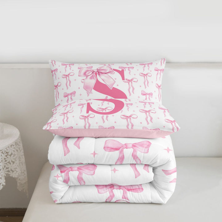 meiyoeat Kawaii Bowknot Initial S Full Size Comforter Sets For Girls,Pink Personalized Monogram Print Bedding Sets For Kids,pink Reversible,3-Piece