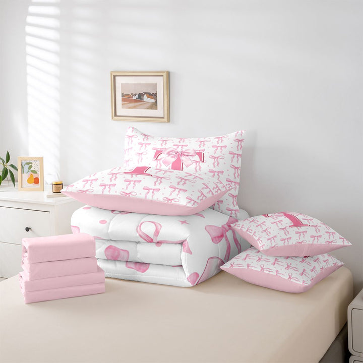 meiyoeat Pink Cute Bowknot 7 Pieces Bedding Comforter Set For Girls,Dreamy Bow Tie Monogram Print T Full Bedding Set For Kids,pink Reversible