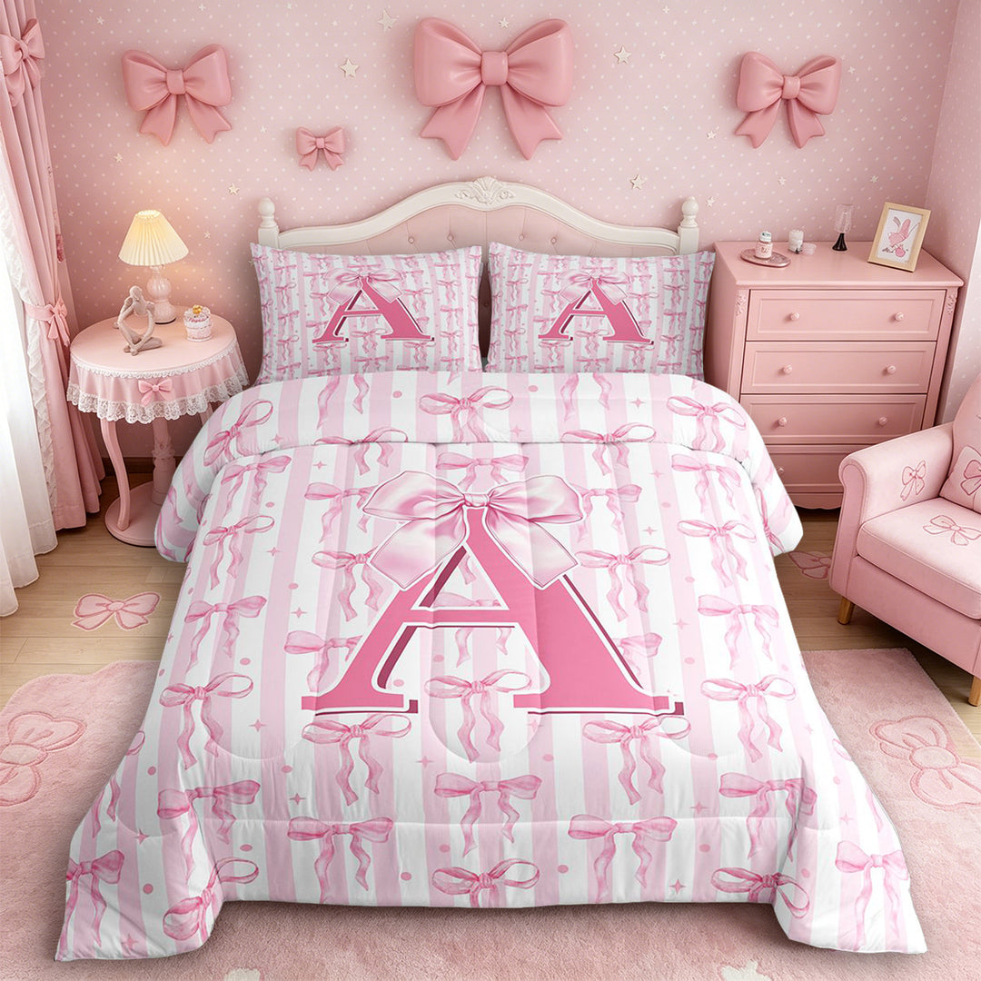 Meiyoeat Coquette Bow Letter A Full Size Comforter Sets 3 Pieces for Girls Kids, Preppy Stripe Bedding Sets for Nursery, Light Pink White,Pink Reversible