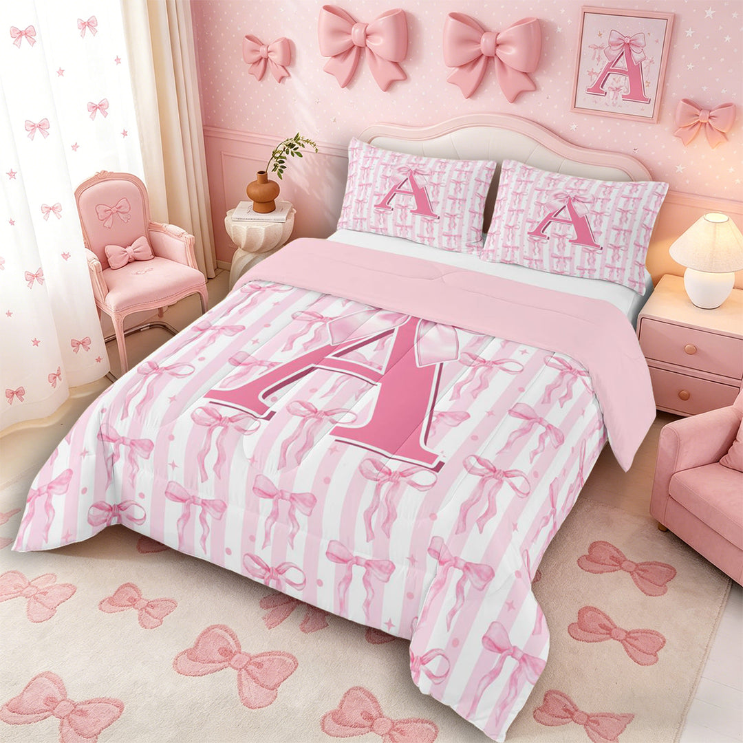 Meiyoeat Coquette Bow Letter A Full Size Comforter Sets 3 Pieces for Girls Kids, Preppy Stripe Bedding Sets for Nursery, Light Pink White,Pink Reversible