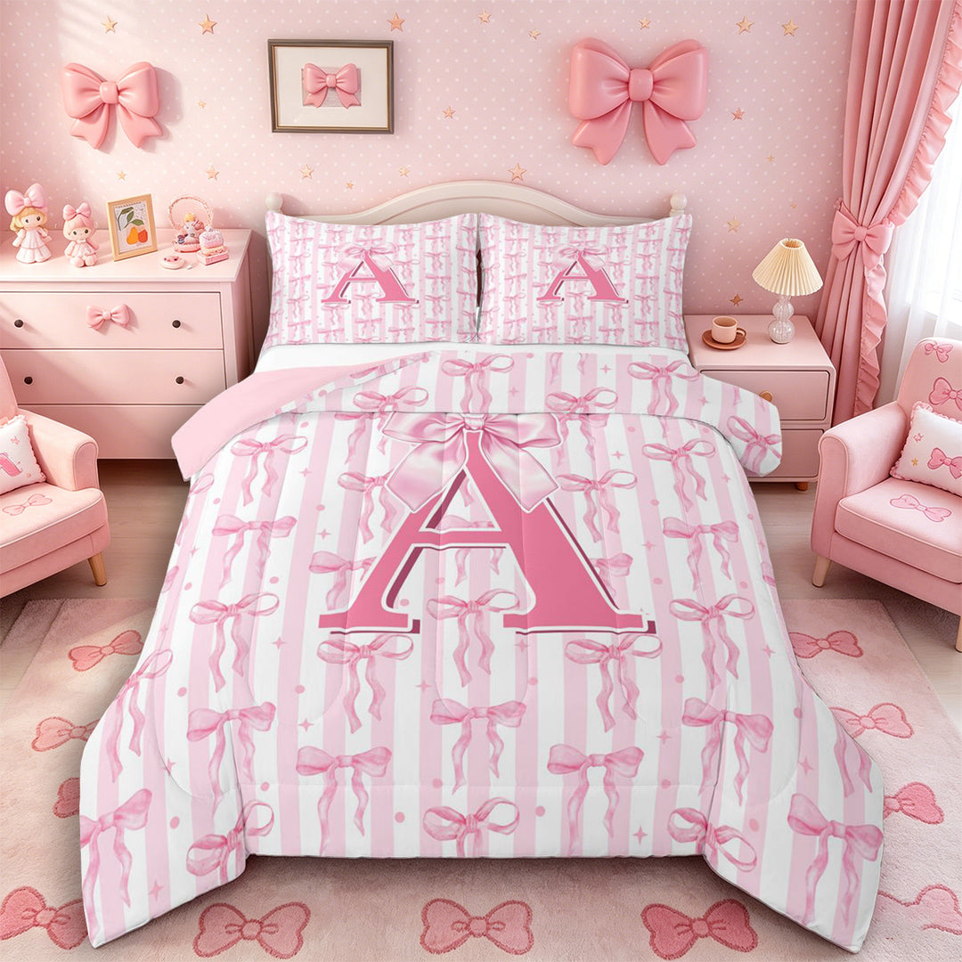 Meiyoeat Coquette Bow Letter A Full Size Comforter Sets 3 Pieces for Girls Kids, Preppy Stripe Bedding Sets for Nursery, Light Pink White,Pink Reversible