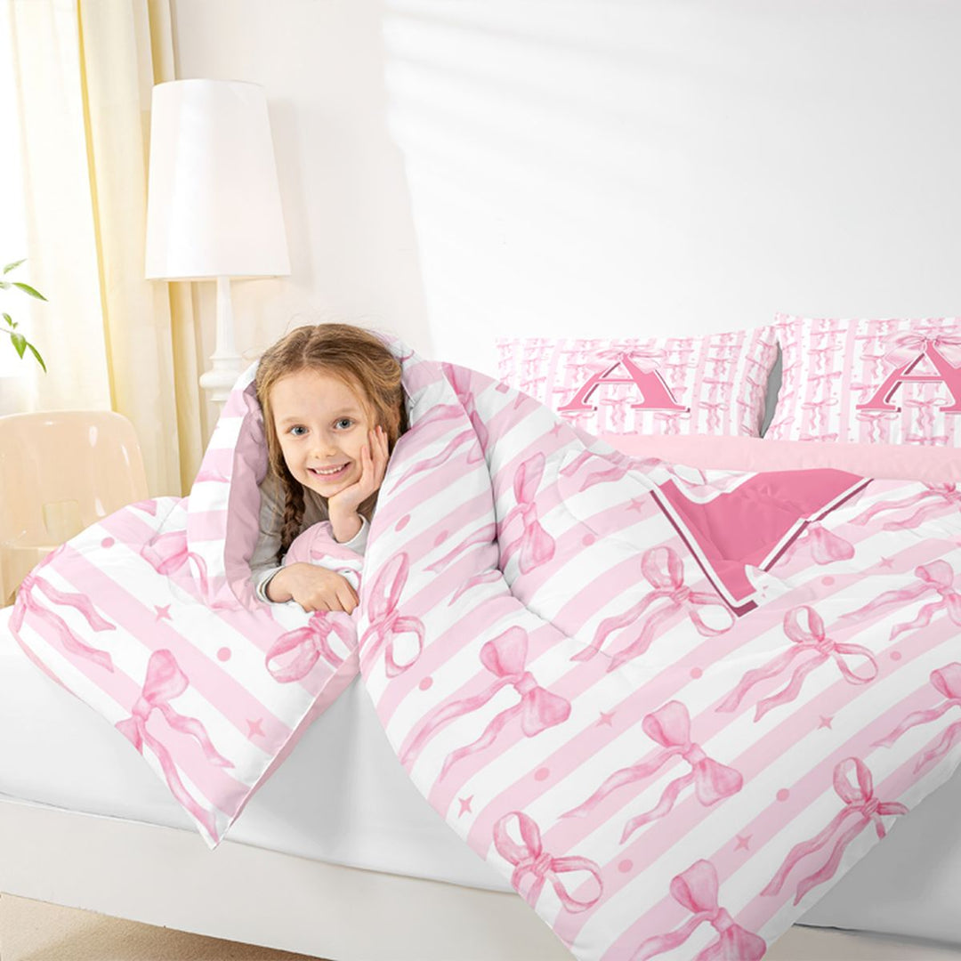Meiyoeat Coquette Bow Letter A Full Size Comforter Sets 3 Pieces for Girls Kids, Preppy Stripe Bedding Sets for Nursery, Light Pink White,Pink Reversible