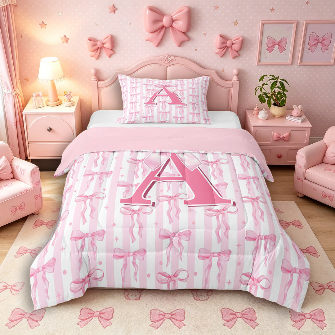 Meiyoeat Coquette Bow Letter A Full Size Comforter Sets 3 Pieces for Girls Kids, Preppy Stripe Bedding Sets for Nursery, Light Pink White,Pink Reversible