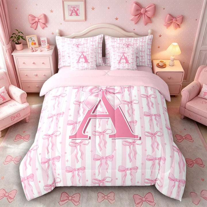 Meiyoeat Coquette Bow Letter A Bedding Comforter Set 7 Pieces for Girls Kids, Preppy Stripe Full Bedding Set for Nursery, Light Pink White,Pink Reversible