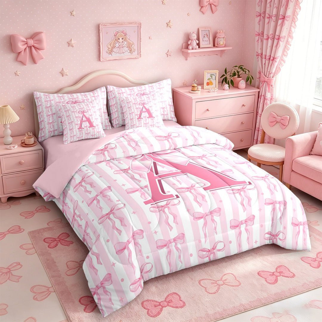 Meiyoeat Coquette Bow Letter A Bedding Comforter Set 7 Pieces for Girls Kids, Preppy Stripe Full Bedding Set for Nursery, Light Pink White,Pink Reversible