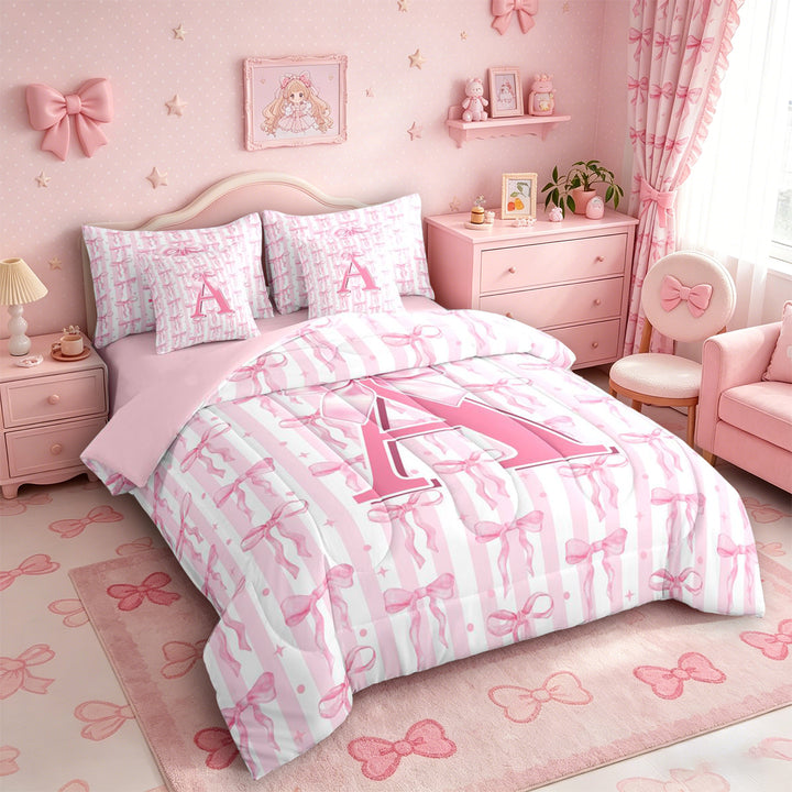 Meiyoeat Coquette Bow Letter A Bedding Comforter Set 7 Pieces for Girls Kids, Preppy Stripe Full Bedding Set for Nursery, Light Pink White,Pink Reversible