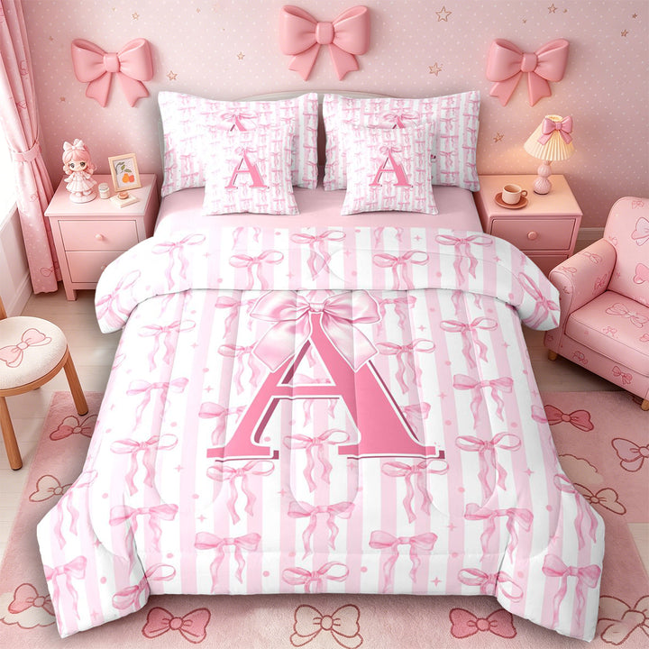 Meiyoeat Coquette Bow Letter A Bedding Comforter Set 7 Pieces for Girls Kids, Preppy Stripe Full Bedding Set for Nursery, Light Pink White,Pink Reversible