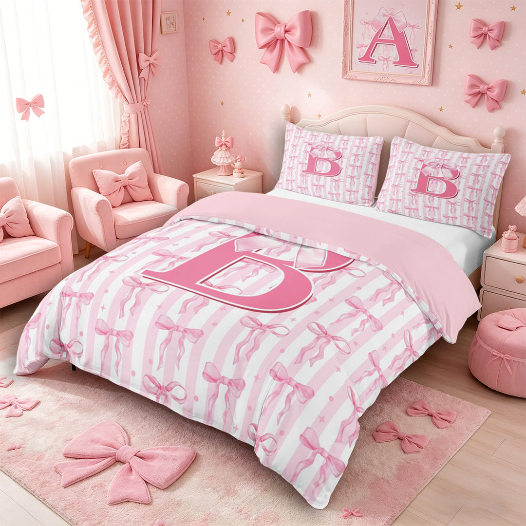 Meiyoeat Girly Bow Letter B Duvet Cover Set for Girls Teens, Cute Stripe Bedding Full, Light Pink White,Pink Reversible,3pcs,No Comforter