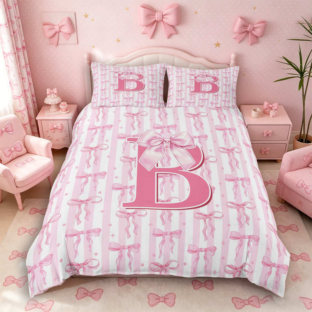 Meiyoeat Girly Bow Letter B Duvet Cover Set for Girls Teens, Cute Stripe Bedding Full, Light Pink White,Pink Reversible,3pcs,No Comforter