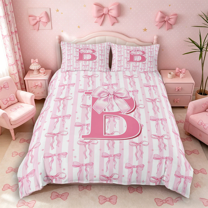 Meiyoeat Girly Bow Letter B Duvet Cover Set for Girls Teens, Cute Stripe Bedding Full, Light Pink White,Pink Reversible,3pcs,No Comforter
