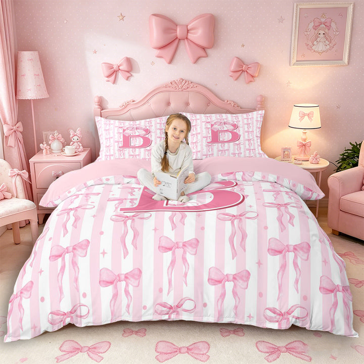 Meiyoeat Girly Bow Letter B Duvet Cover Set for Girls Teens, Cute Stripe Bedding Full, Light Pink White,Pink Reversible,3pcs,No Comforter