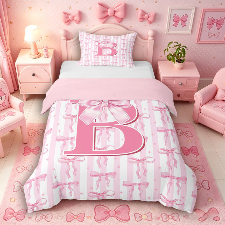 Meiyoeat Girly Bow Letter B Duvet Cover Set for Girls Teens, Cute Stripe Bedding Full, Light Pink White,Pink Reversible,3pcs,No Comforter