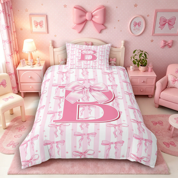 Meiyoeat Girly Bow Letter B Duvet Cover Set for Girls Teens, Cute Stripe Bedding Full, Light Pink White,Pink Reversible,3pcs,No Comforter