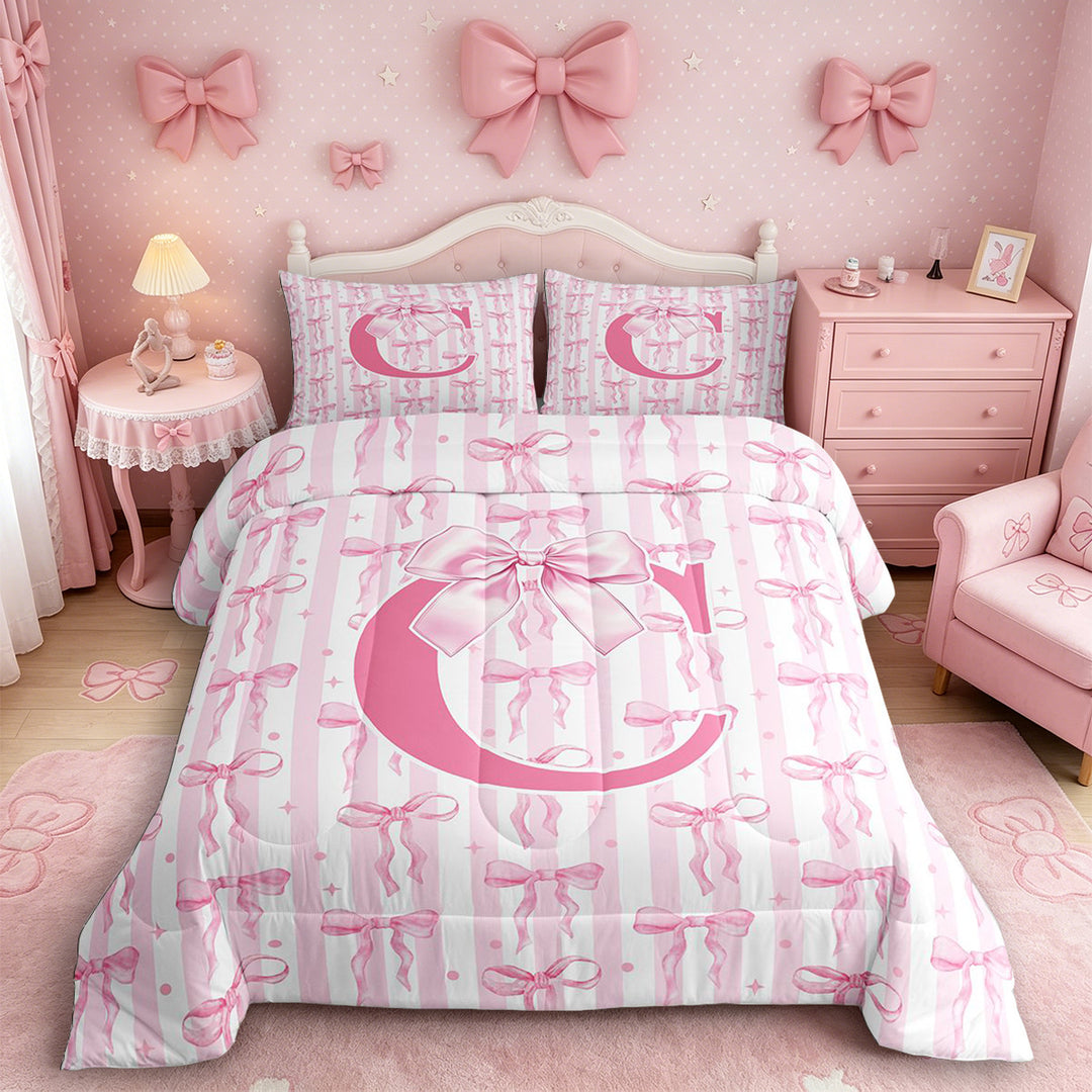 Meiyoeat Sweet Bow Letter C Full Size Comforter Sets 3 Pieces for Girls Toddlers, Lovely Stripe Bedding Sets, Light Pink White,Pink Reversible