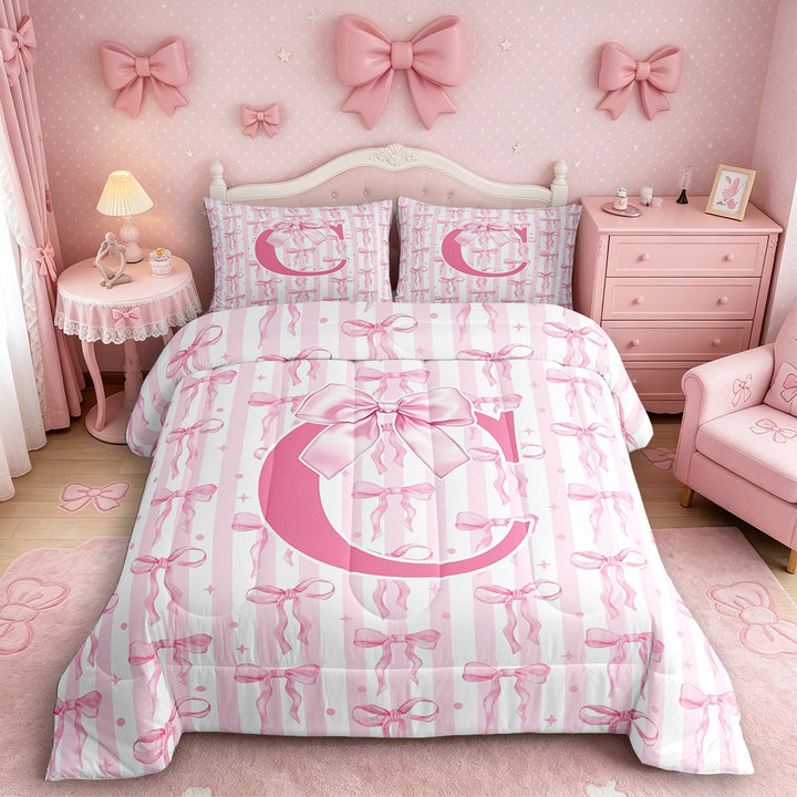 Meiyoeat Sweet Bow Letter C Full Size Comforter Sets 3 Pieces for Girls Toddlers, Lovely Stripe Bedding Sets, Light Pink White,Pink Reversible
